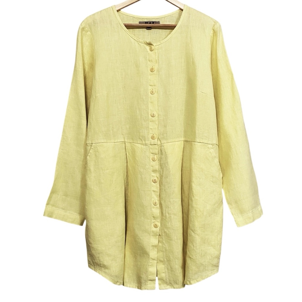 Flax Linen Tunic Dress Butter Yellow Button Front